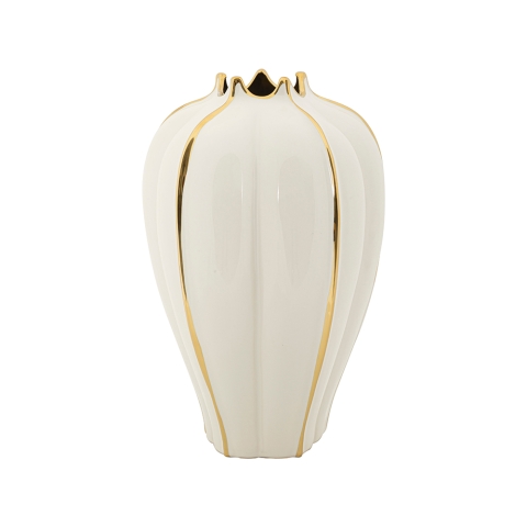 Biały ceramiczny wazon do kwiatów z złotymi detalami Potter Promocja