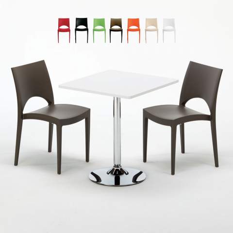 Biały kwadratowy stolik 70x70 cm z 2 kolorowymi krzesłami Paris Cocktail