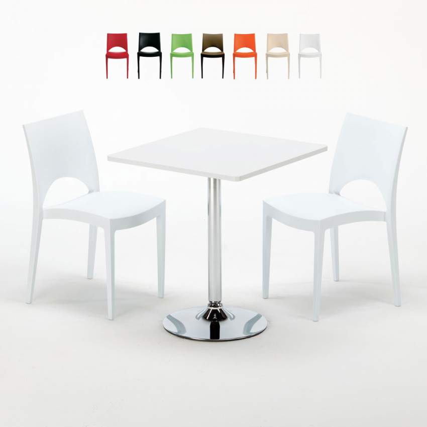 Biały kwadratowy stolik 70x70 cm z 2 kolorowymi krzesłami Paris Cocktail Sprzedaż
