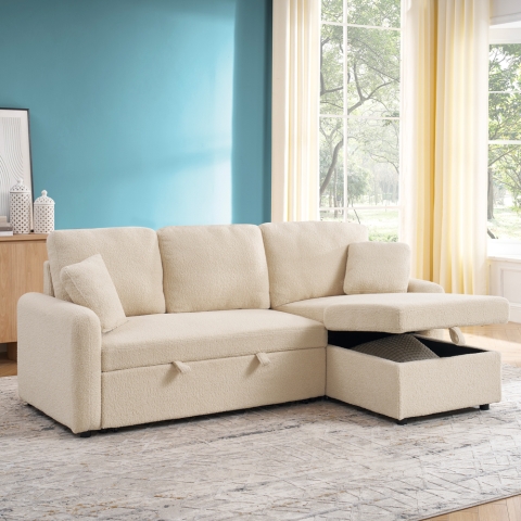 Sofa narożnik rozkładany 3-osobowy z możliwością konfiguracji w tkaninie bouclé Nivee Promocja