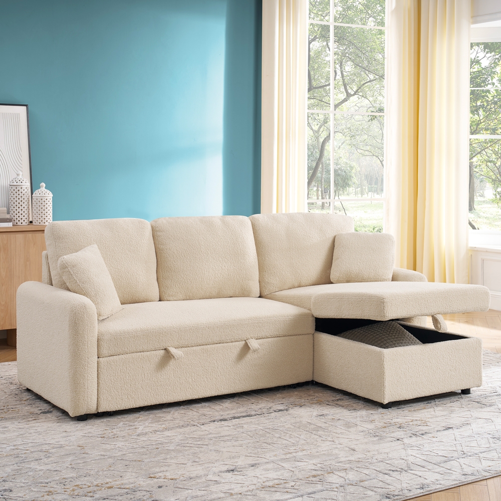 Sofa narożnik rozkładany 3-osobowy z możliwością konfiguracji w tkaninie bouclé Nivee Promocja Sofa narożnik rozkładany 3-osobowy z możliwością konfiguracji w tkaninie bouclé Nivee Promocja