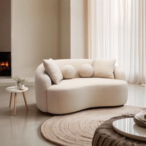 Sofa designerska 2-osobowa, tkanina teddy bouclé beżowa Lazy Promocja