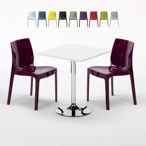 Bialy kwadratowy stolik 70x70 cm ze stalową podstawą i 2 kolorowymi krzesłami Gruvyer Cocktail