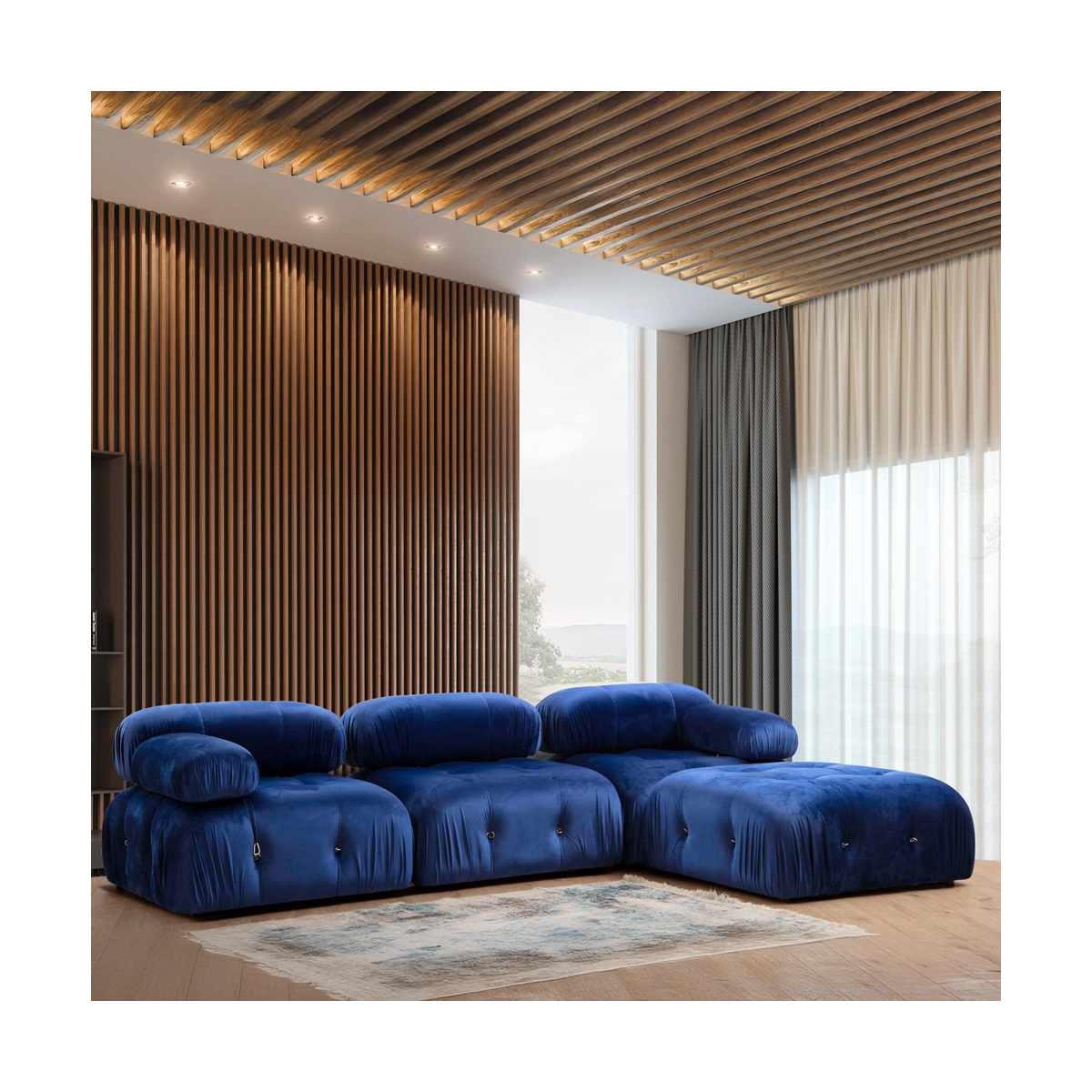 Modułowa sofa 4-osobowa niebieska z podnóżkiem welurowa Bubble 3SPV Promocja Modułowa sofa 4-osobowa niebieska z podnóżkiem welurowa Bubble 3SPV Promocja