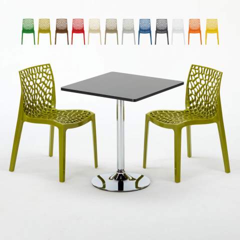 Czarny kwadratowy stolik 70x70 cm z 2 kolorowymi krzesłami Gruvyer Mojito