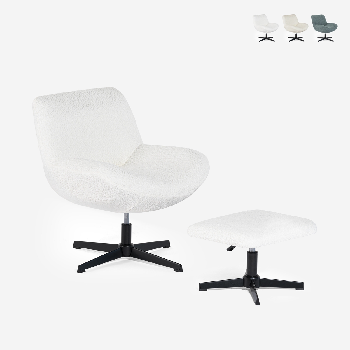 Fotel obrotowy ergonomiczny do salonu z tkaniny bouclé z podnóżkiem Janes Środki Fotel obrotowy ergonomiczny do salonu z tkaniny bouclé z podnóżkiem Janes Środki