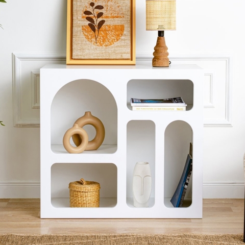 Biała designerska biblioteczka stojąca z zakrzywionymi półkami 80x37x74 cm Lessa Promocja