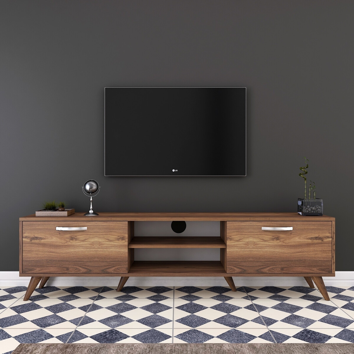 Szafka pod telewizor z 2 uchylnymi drzwiczkami i 2 półkami, drewno orzech włoski Walnut Promocja Szafka pod telewizor z 2 uchylnymi drzwiczkami i 2 półkami, drewno orzech włoski Walnut Promocja