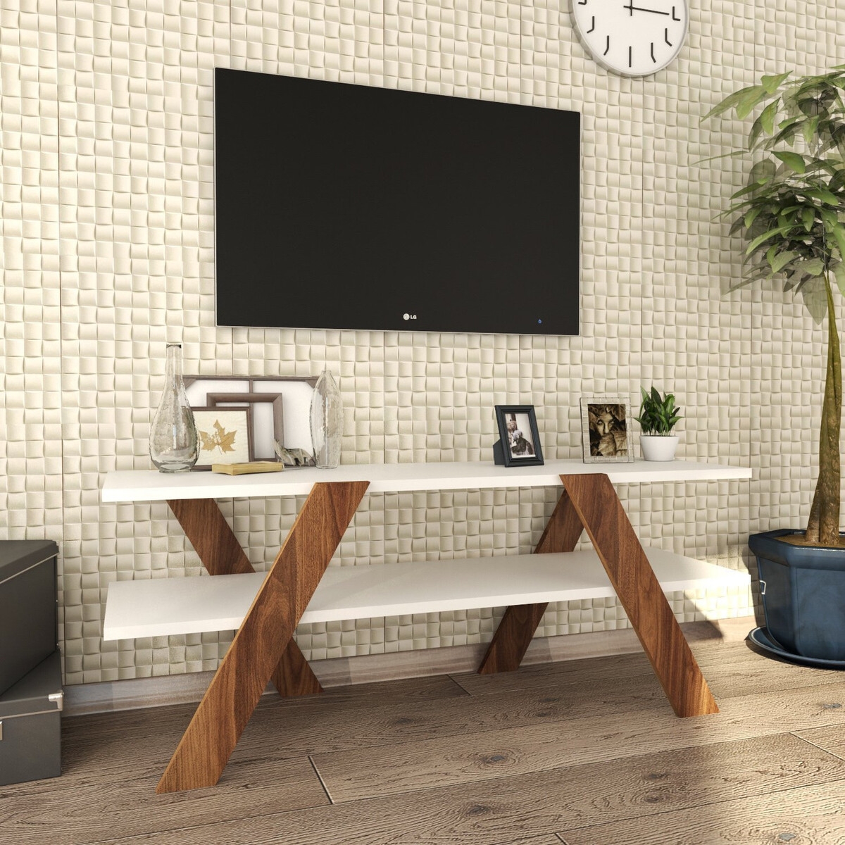 Szafka RTV designerska 120 cm biała i drewniana z 2 półkami Basic Promocja Szafka RTV designerska 120 cm biała i drewniana z 2 półkami Basic Promocja