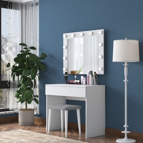 Mobilna toaletka z szufladą, lustro LED i taboret Tabs Promocja