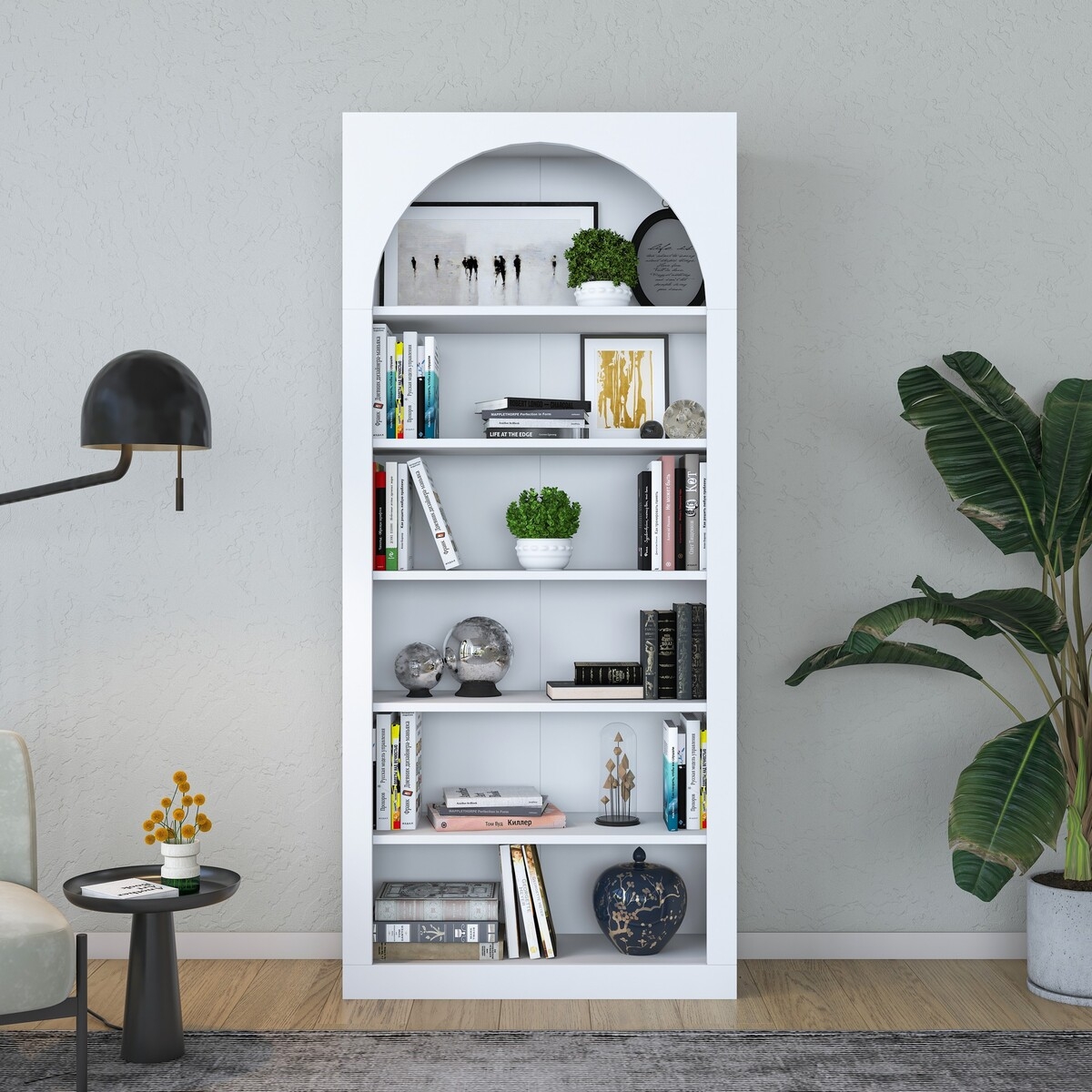 Biała półka ścienna 180x31x80 cm Curvy z łukowym designem i 5 półkami Promocja Biała półka ścienna 180x31x80 cm Curvy z łukowym designem i 5 półkami Promocja