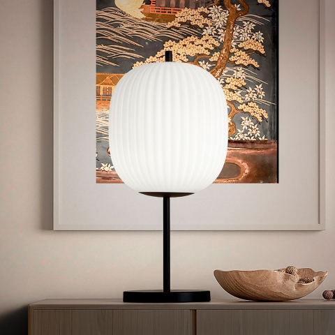 Elegancka lampa stołowa z dmuchanego szkła i czarnego metalu Domizia-T Promocja