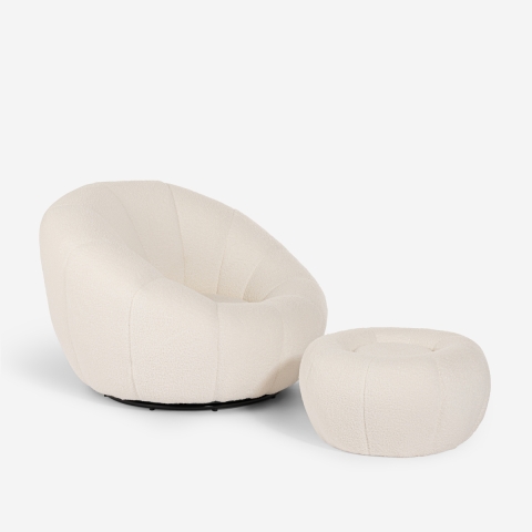 Zestaw designerska biała fotel bouclé z obrotowym podnóżkiem puf Kuma Promocja
