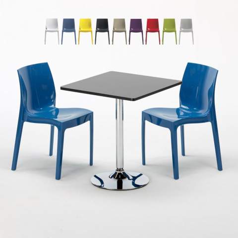 Czarny kwadratowy stolik 70x70 cm z 2 kolorowymi krzesłami Ice Moijto