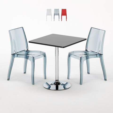 Czarny kwadratowy stolik 70x70 cm z 2 kolorowymi przezroczystmi krzesłami Cristal Light Platinum