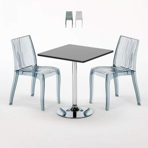 Czarny kwadratowy stolik 70x70 cm z 2 kolorowymi przezroczystmi krzesłami Dune Platinum