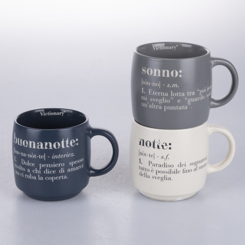 Zestaw 3 kubków ceramicznych 350ml z napisami Victionary L, układające się w stos Promocja