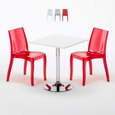 Biały kwadratowy stolik 70x70 cm z 2 kolorowymi przezroczystmi krzesłami Cristal Light Titanium Promocja