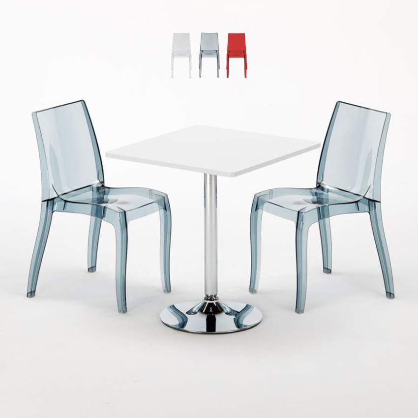 Biały kwadratowy stolik 70x70 cm z 2 kolorowymi przezroczystmi krzesłami Cristal Light Titanium Oferta Biały kwadratowy stolik 70x70 cm z 2 kolorowymi przezroczystmi krzesłami Cristal Light Titanium Oferta