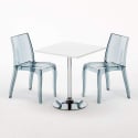 Biały kwadratowy stolik 70x70 cm z 2 kolorowymi przezroczystmi krzesłami Cristal Light Titanium Środki