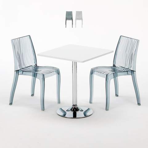 Biały kwadratowy stolik 70x70 cm z 2 kolorowymi przezroczystmi krzesłami Dune Titanium