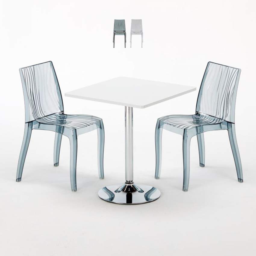 Biały kwadratowy stolik 70x70 cm z 2 kolorowymi przezroczystmi krzesłami Dune Titanium Promocja