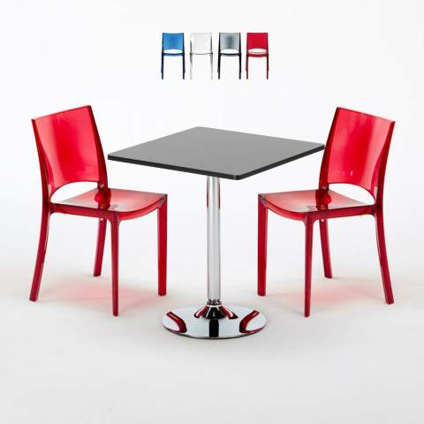 Czarny kwadratowy stolik 70x70 cm z 2 kolorowymi przezroczystmi krzesłami B-Side Phantom