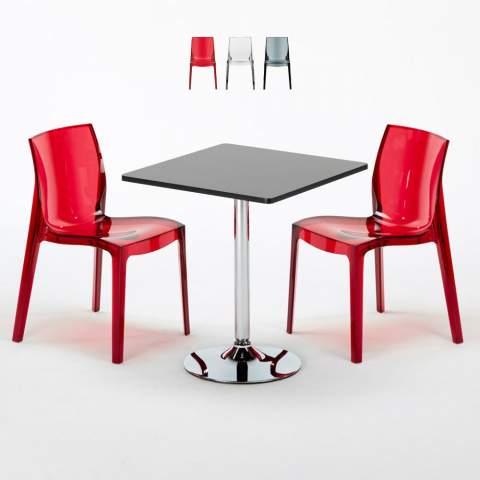 Czarny kwadratowy stolik 70x70 cm z 2 kolorowymi przezroczystmi krzesłami Femme Fatale Phantom