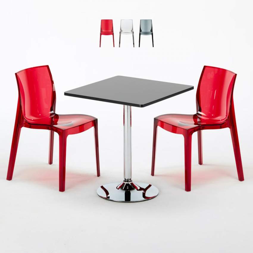 Czarny kwadratowy stolik 70x70 cm z 2 kolorowymi przezroczystmi krzesłami Femme Fatale Phantom Promocja