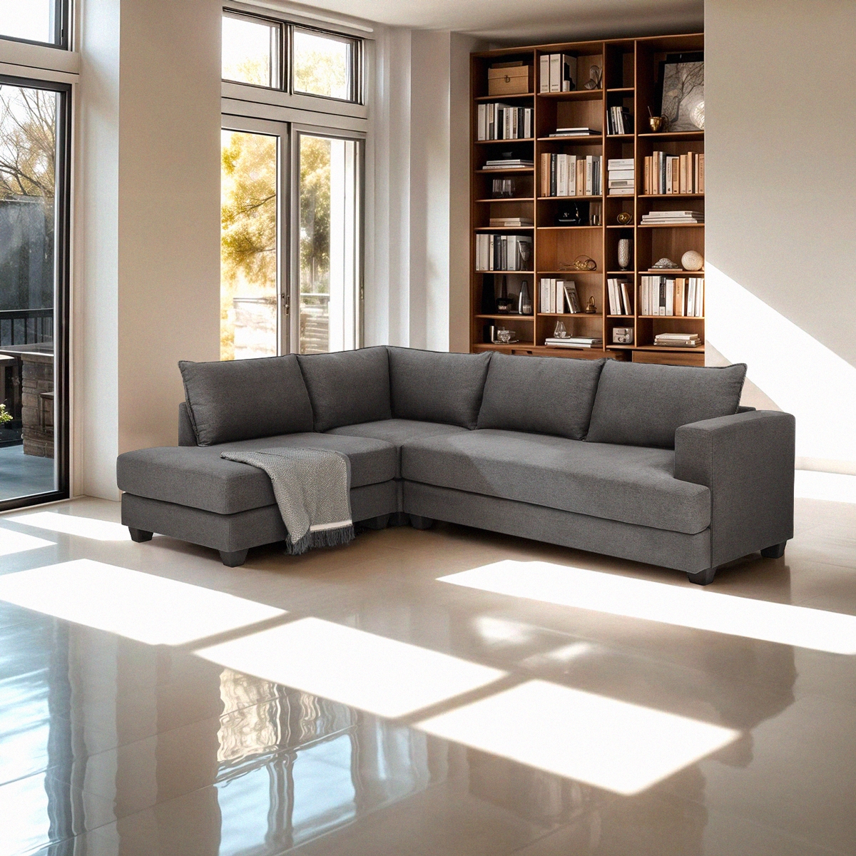 Nowoczesna szara sofa narożna 3-osobowa z tkaniny Alhena Promocja Nowoczesna szara sofa narożna 3-osobowa z tkaniny Alhena Promocja