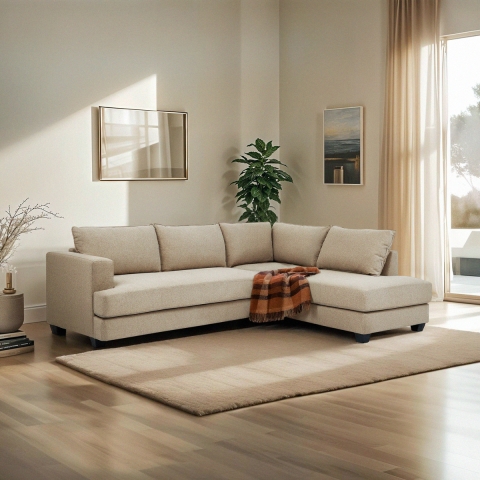 Sofa narożny 3-osobowy z szezlongiem, beżowy materiał, Avior Promocja