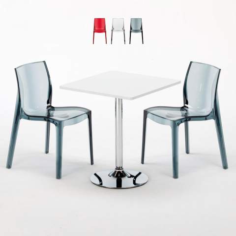 Biały kwadratowy stolik 70x70 cm z 2 kolorowymi przezroczystymi krzesłami Femme Fatale Demon