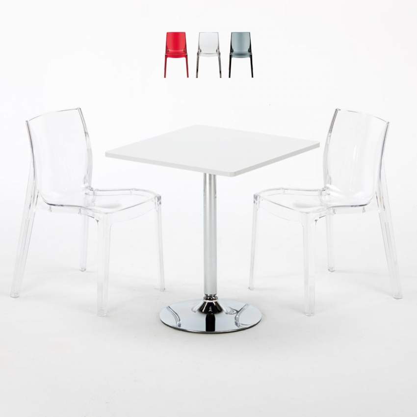 Biały kwadratowy stolik 70x70 cm z 2 kolorowymi przezroczystymi krzesłami Femme Fatale Demon Sprzedaż