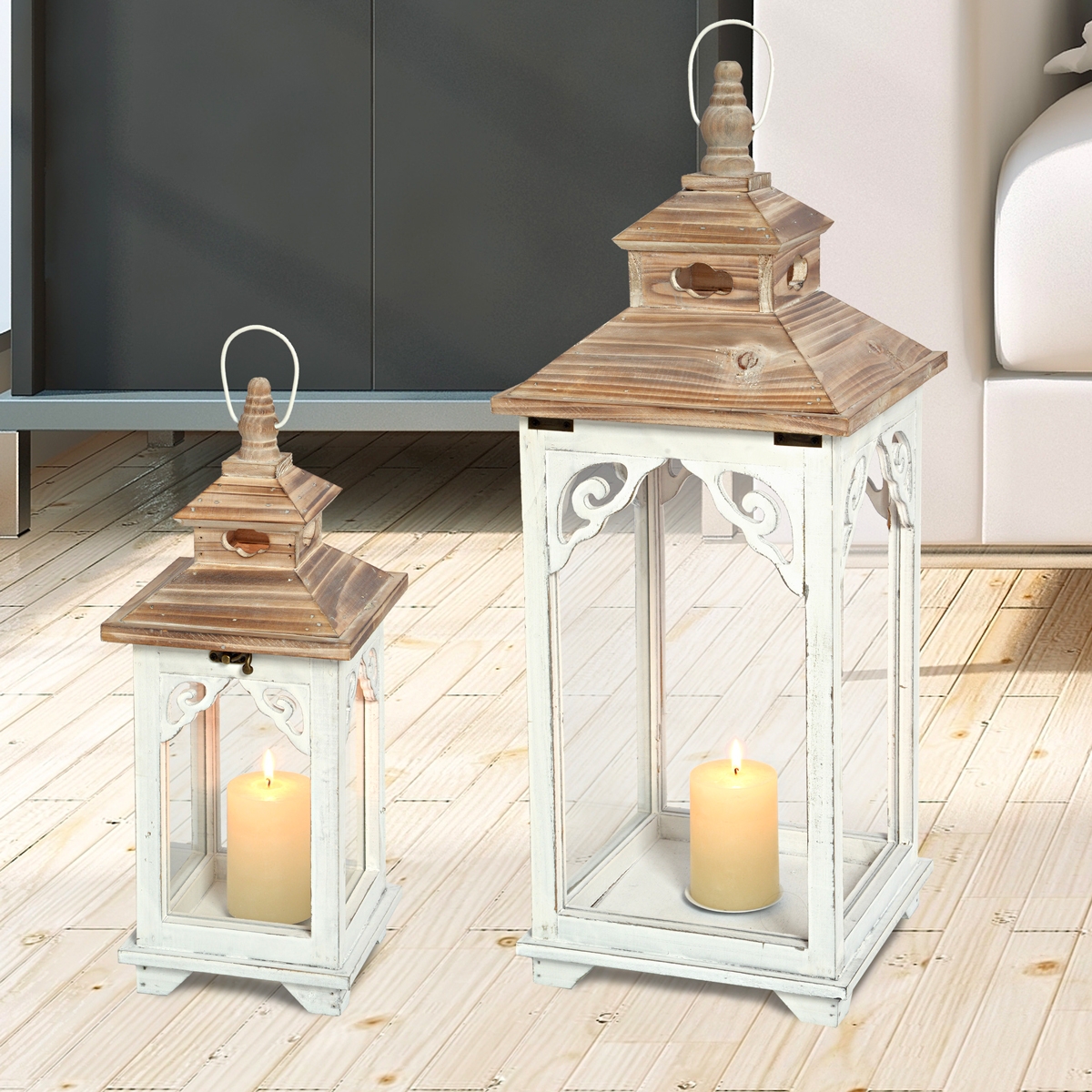 Zestaw 2 białych drewnianych lampionów shabby chic z podstawką na świecę Copenaghen Promocja Zestaw 2 białych drewnianych lampionów shabby chic z podstawką na świecę Copenaghen Promocja