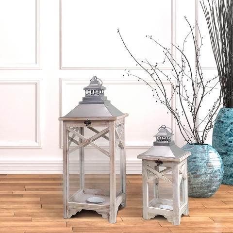 Zestaw 2 latarni shabby chic z szarymi drewnianymi świecznikami Kediri Promocja