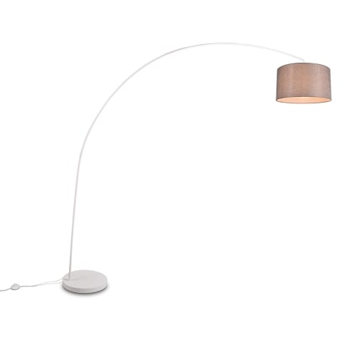 Lampa stojąca łukowa z białego metalu z szarym abażurem z tkaniny Drask Promocja