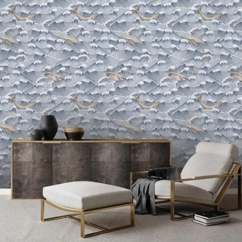 Tapeta design morski do salonu i sypialni Fale i Wieloryby Promocja