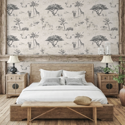 Tapeta vintage z motywem zwierząt safari, beżowa, do zagłówka łóżka Promocja