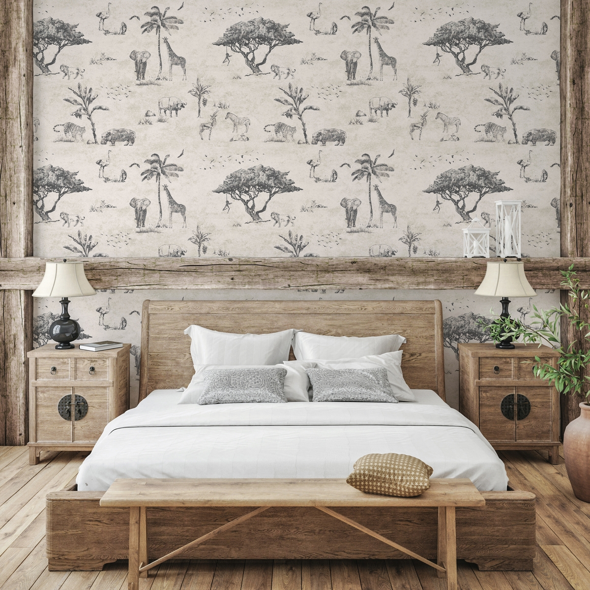 Tapeta vintage z motywem zwierząt safari, beżowa, do zagłówka łóżka Promocja Tapeta vintage z motywem zwierząt safari, beżowa, do zagłówka łóżka Promocja