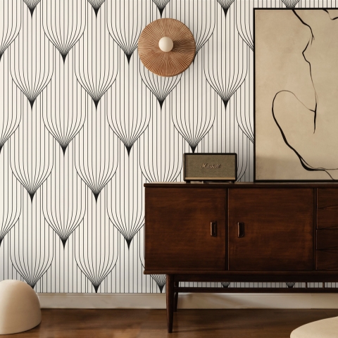 Tapeta geometryczna w stylu vintage biało-czarna Art Déco Promocja