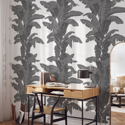 Tapeta urban jungle białe i szare rośliny Egzotyczne Palmy Promocja