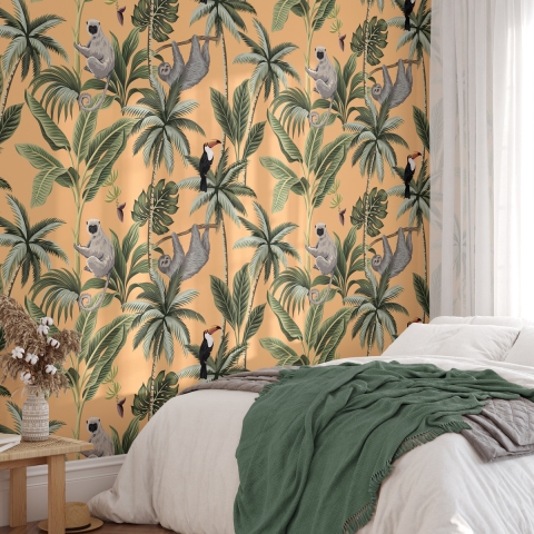 Tapeta dżungla pomarańczowa z liśćmi i zwierzętami Jungla Tropicale Promocja