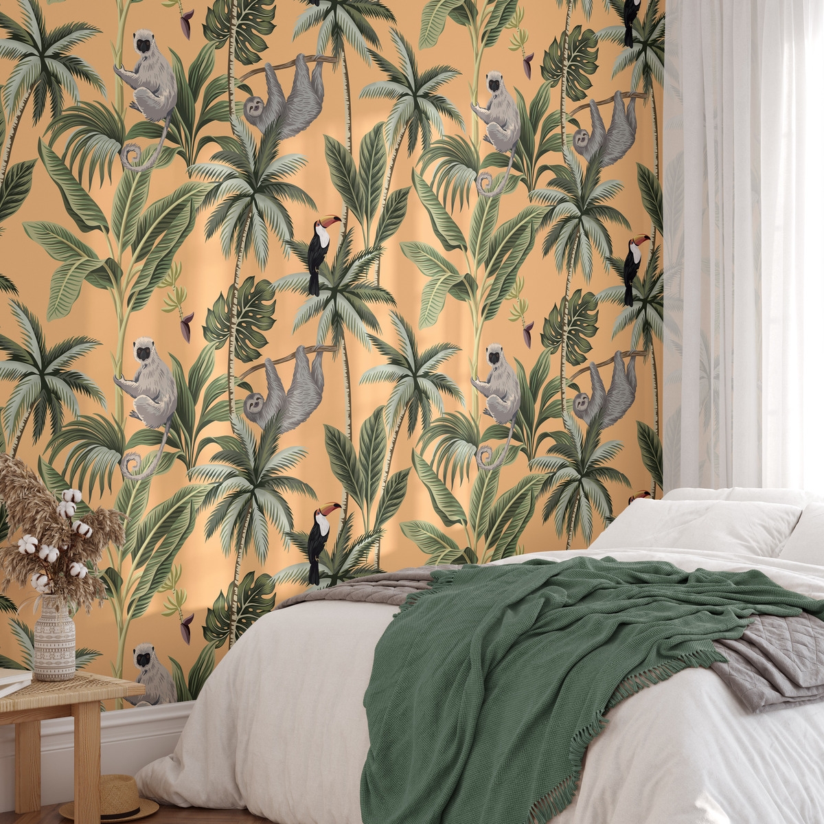 Tapeta dżungla pomarańczowa z liśćmi i zwierzętami Jungla Tropicale Promocja Tapeta dżungla pomarańczowa z liśćmi i zwierzętami Jungla Tropicale Promocja