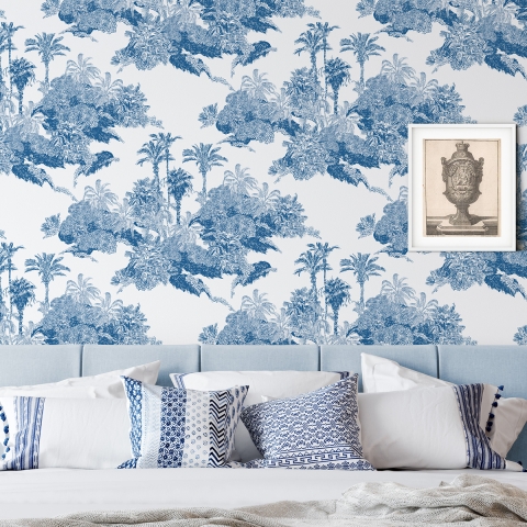 Tapeta vintage z motywem lasu, biało-niebieska Toile de Jouy Blu Promocja