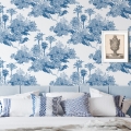 Tapeta vintage z motywem lasu, biało-niebieska Toile de Jouy Blu Promocja