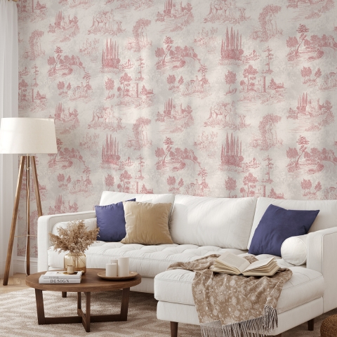 Tapeta vintage z różowymi krajobrazami do salonu Toile de Jouy Rosa Promocja