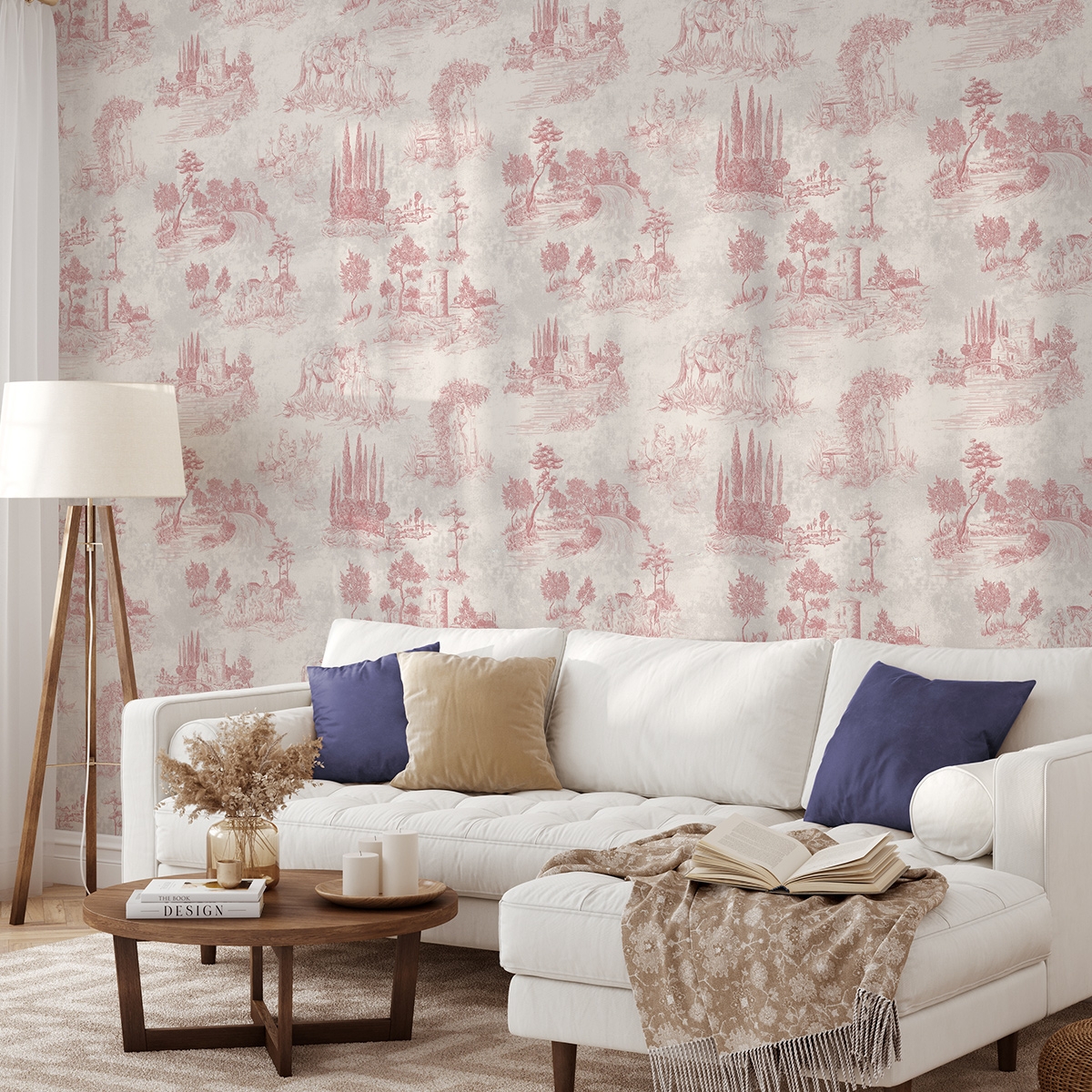 Tapeta vintage z różowymi krajobrazami do salonu Toile de Jouy Rosa Promocja Tapeta vintage z różowymi krajobrazami do salonu Toile de Jouy Rosa Promocja