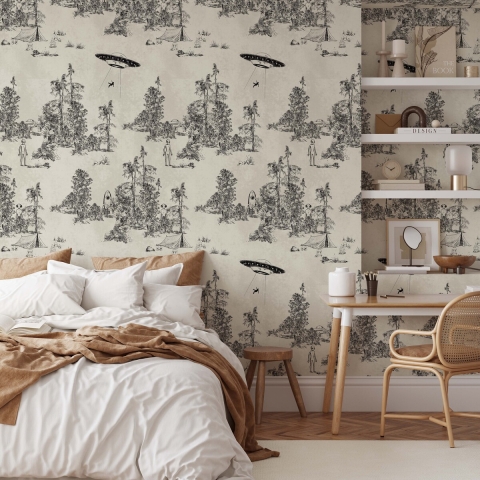 Tapeta las vintage czarno-biała Toile de Jouy Ufo Nero Promocja