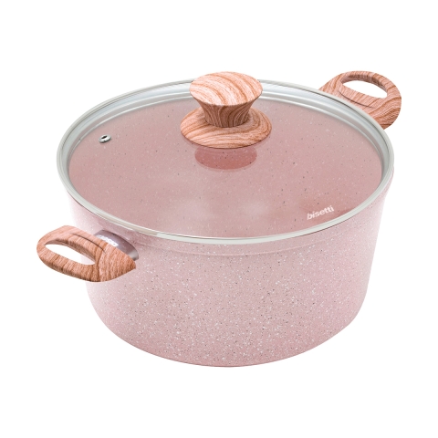 Różowa patelnia 24 cm nieprzywierająca efekt granitu z pokrywką Stonerose Promocja