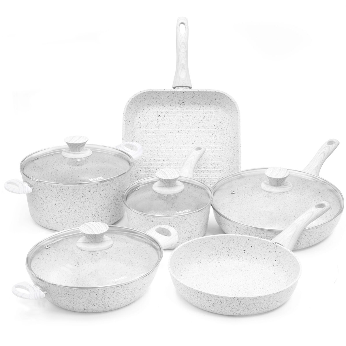 Zestaw 10-częściowy garnków i patelni aluminiowych nieprzywierających Bisetti Stonewhite Promocja Zestaw 10-częściowy garnków i patelni aluminiowych nieprzywierających Bisetti Stonewhite Promocja